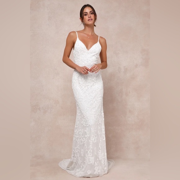 Lulus Everlasting Passion White Sequin Beaded Backless Maxi Dress Large New NWT - Picture 1 of 7
